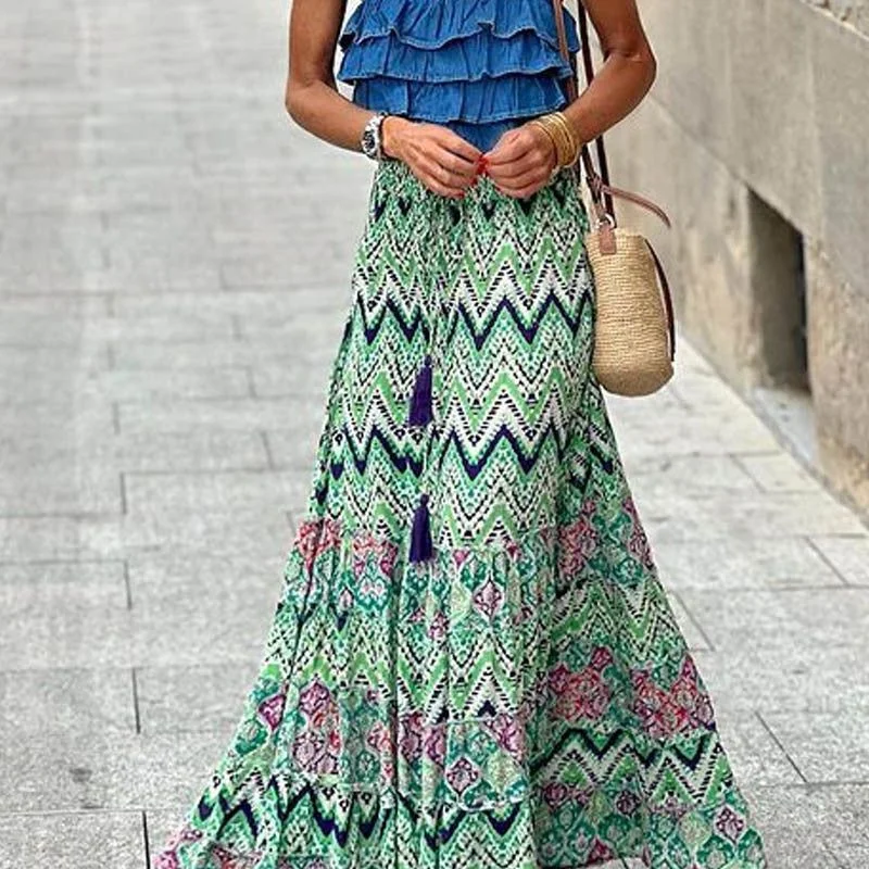 Chevron Stripe Maxi Skirt, Green linen skirt airy