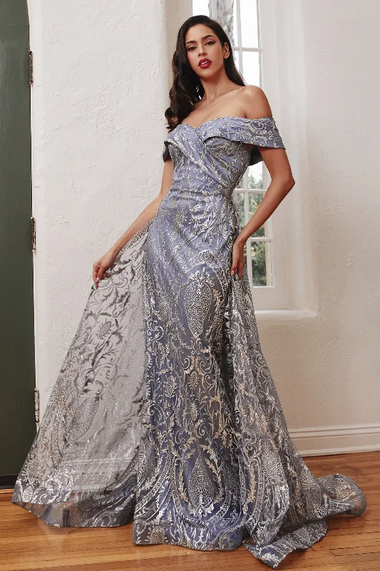 CINDERELLA DIVINE J836 Lace Glitter Off-Shoulder Gown with Overskirt denim skirt stylish