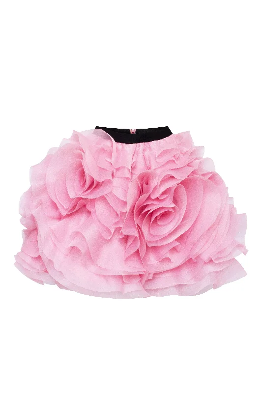 Danceable mini skirt with ruched flower appliques in pink linen skirt natural