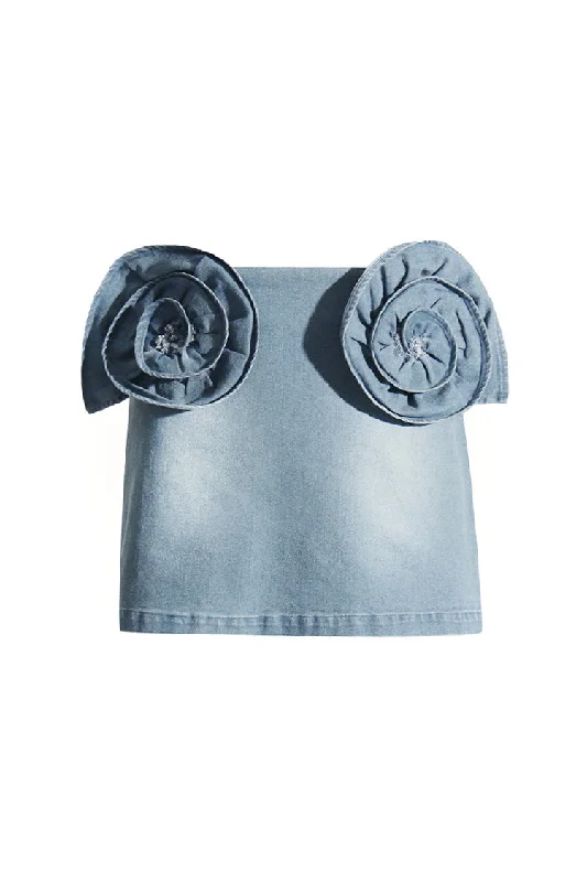 Enchanting Double 3D Rosette Faded Wash Bodycon Denim Mini Skirt chiffon skirt airy