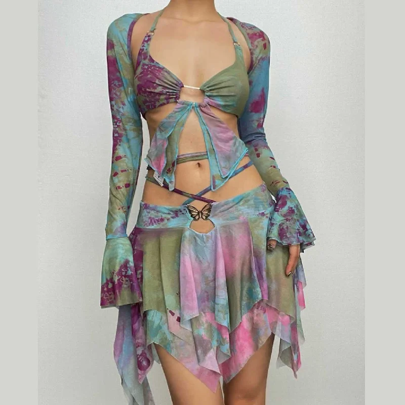 Flared sleeve tie dye o ring self tie halter low cut mini skirt set velvet skirt sumptuous