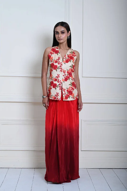 Floral Handmade Thread Work Jacket in Tussar with Red Ombre Draped Skirt lace skirt feminine