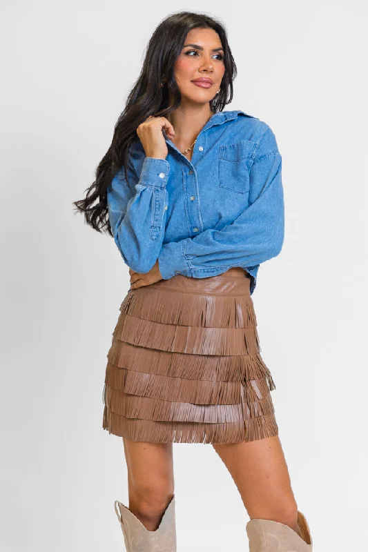 Follow Your Arrow Brown Faux Leather Fringe Skirt FINAL SALE silk skirt elegant