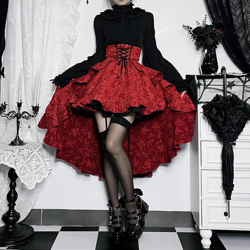 Gothic Red High Waist Lace Up Lolita Skirt modal blend skirt