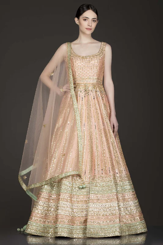 Peach Colour Silk Anarkali/Gown With Front Slit And Attached Skirt With Net Dupatta vintage skirt charm