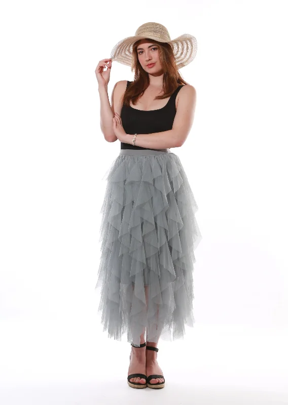 Layered Tulle Ruffle mesh Midi Skirt- Grey denim skirt fashionable