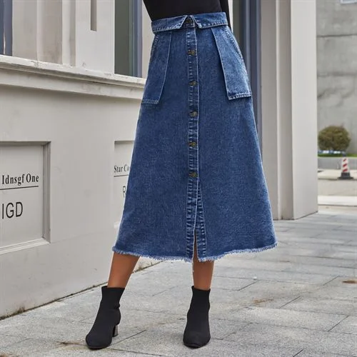 Ins Fashion Button Design Pocket Denim Long Women Skirts high waist skirt