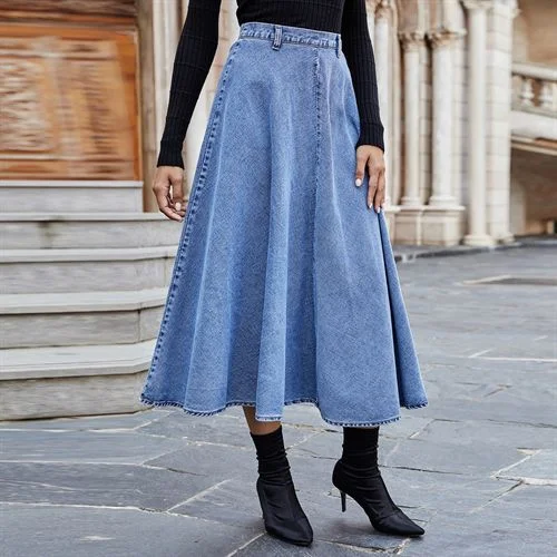 Ins Fashion Elegant All-matched Dip Hem High Waist Denim Long Women Skirts denim skirt classic