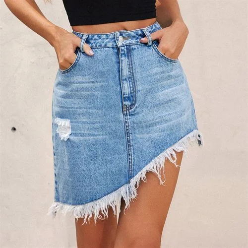 Ins Fashion High Waist Daily Rolled Edge Denim Short Women Skirts silk skirt luxurious