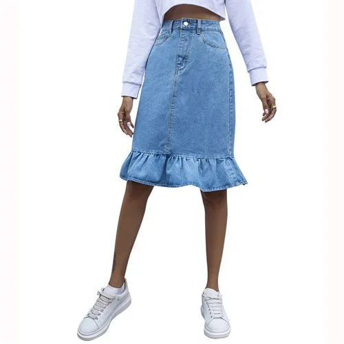 Ins Fashion High Waist Flounce Denim Women Skirts linen skirt natural