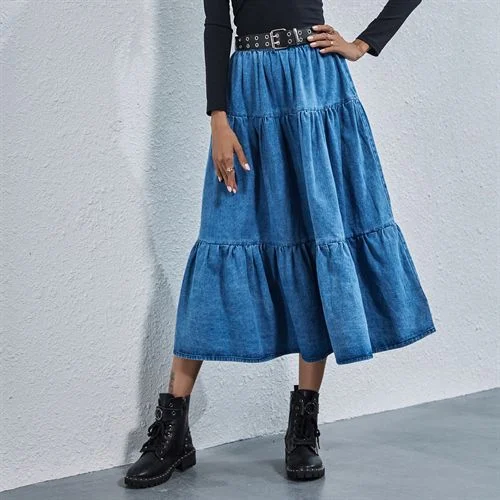 Ins Fashion High Waist Loose Dip Hem Denim Long Women Skirts cashmere skirt fine