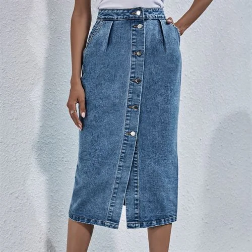 Ins Fashion High Waist Single Breasted Denim Long Women Skirts lace skirt intricate