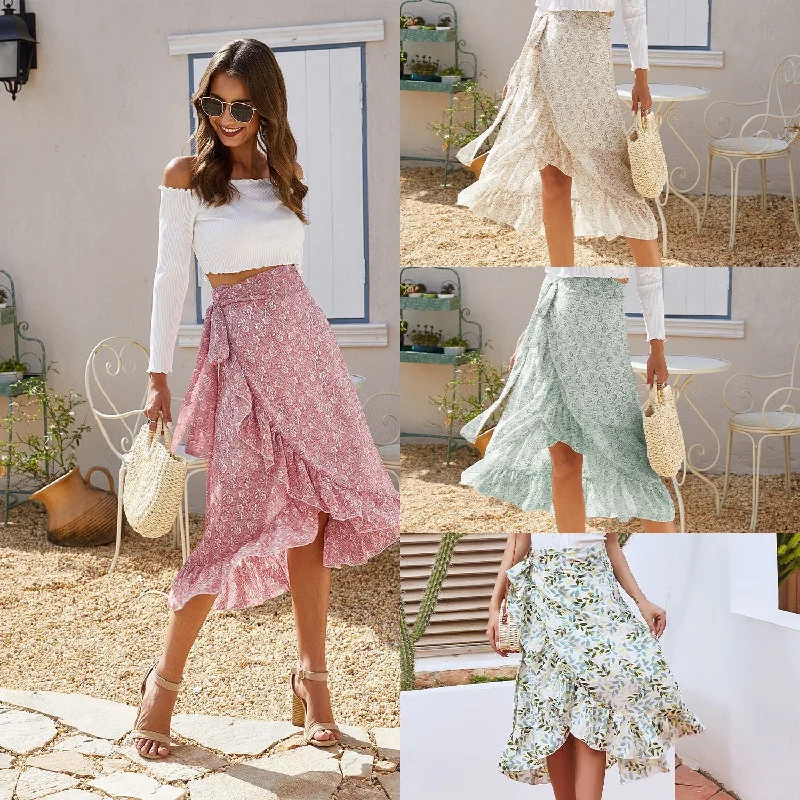 Insdaily High Waist Fashion Floral Women Skirts belted skirt waist