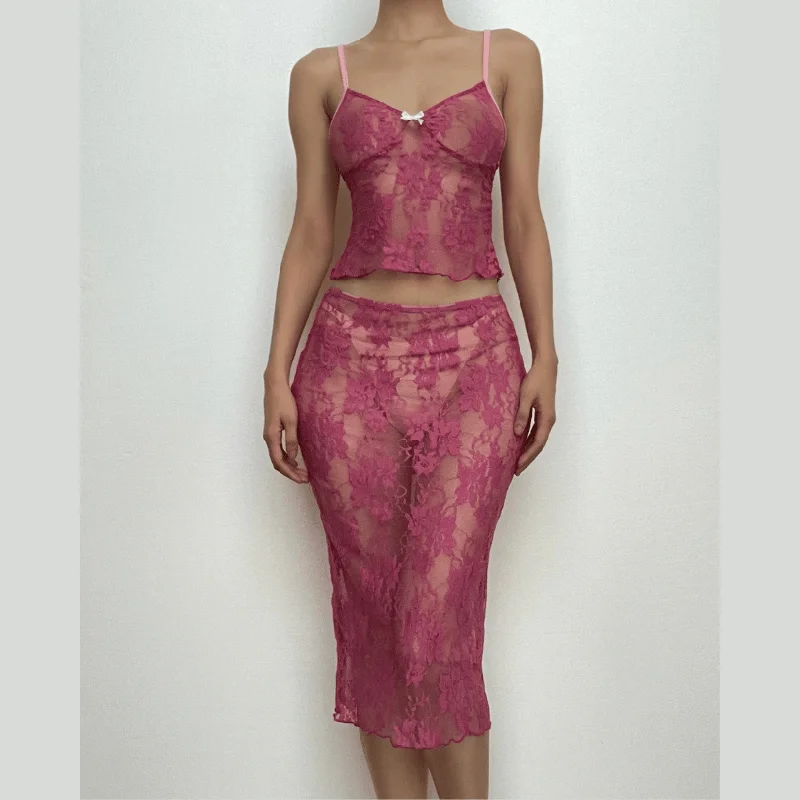 Lace see through v neck backless solid cami midi skirt set- Final Sale velvet skirt plush