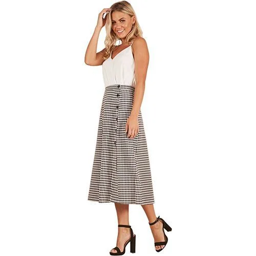 Ladylike Plaid Split Joint High Waist Slit Dip Hem Long Women Skirts pleated skirt texture