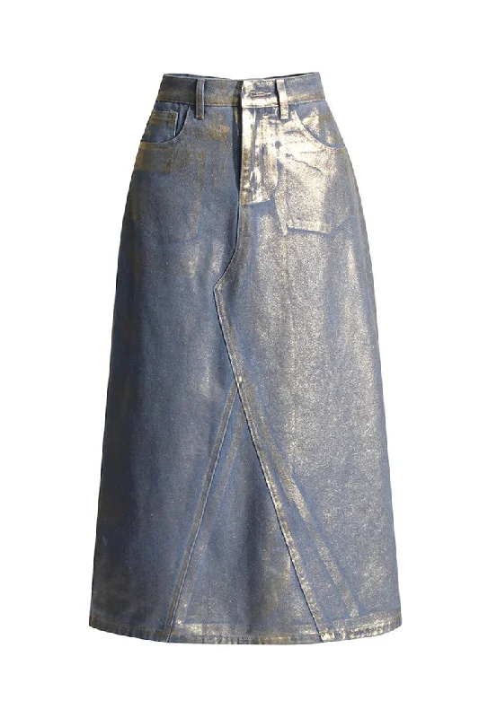 Lavish Gold Foil Light Wash High Waist Contrast A Line Midi Denim Skirt leather skirt refined