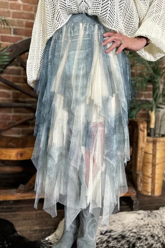 Layered Denim 'N Lace Inspired Mesh Skirt by Origami Apparel satin skirt smooth