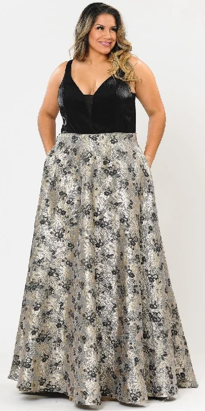 Lindas W1012 Floor Length Plus Size Ball Gown Black Satin Top Print A-Line Skirt velvet skirt luxury