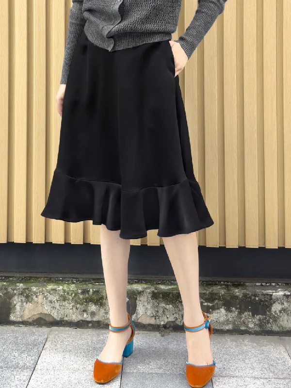 Lustrous Black Ruffle Hem A-line Knee Length Skirt chiffon skirt floaty