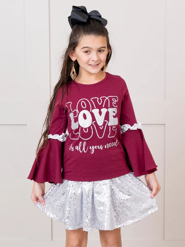 Maroon "Love is All You Need" Ruffle Outfit w/ Skirt boho skirt vibe