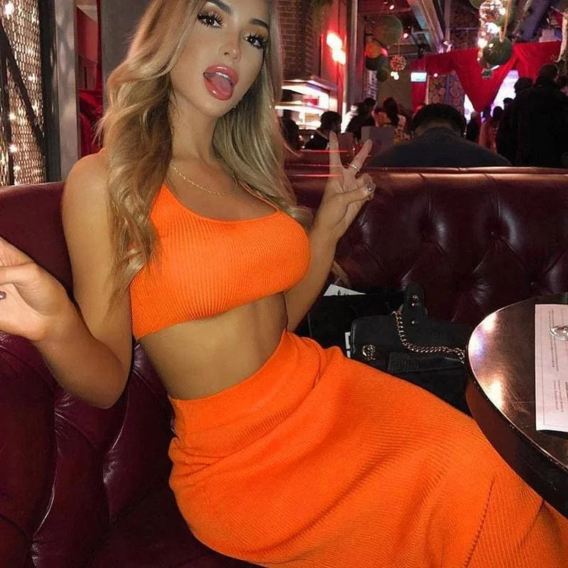 Neon Orange Ribbed Maxi Two Piece Crop Top Skirt Set lace skirt elegant