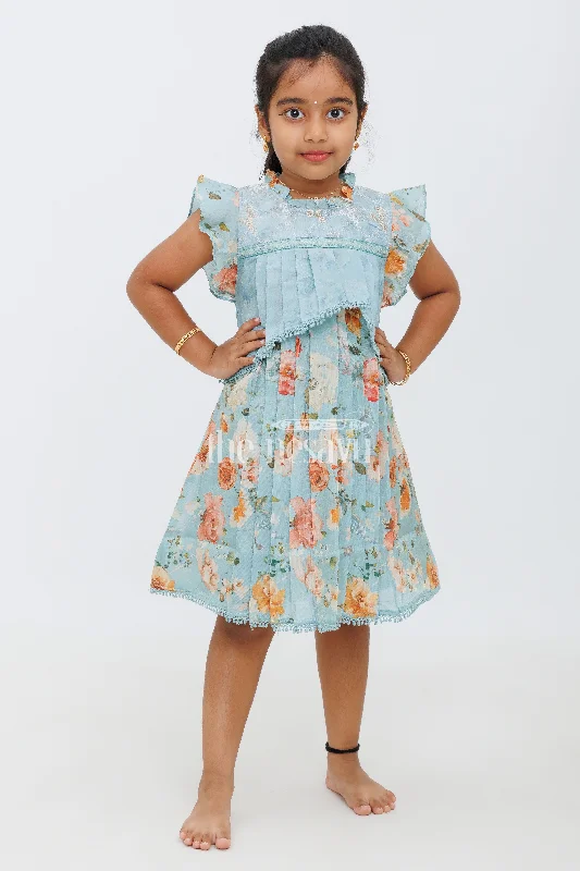 Girls Blue Floral Printed Frock with Pleated Skirt patchwork skirt art