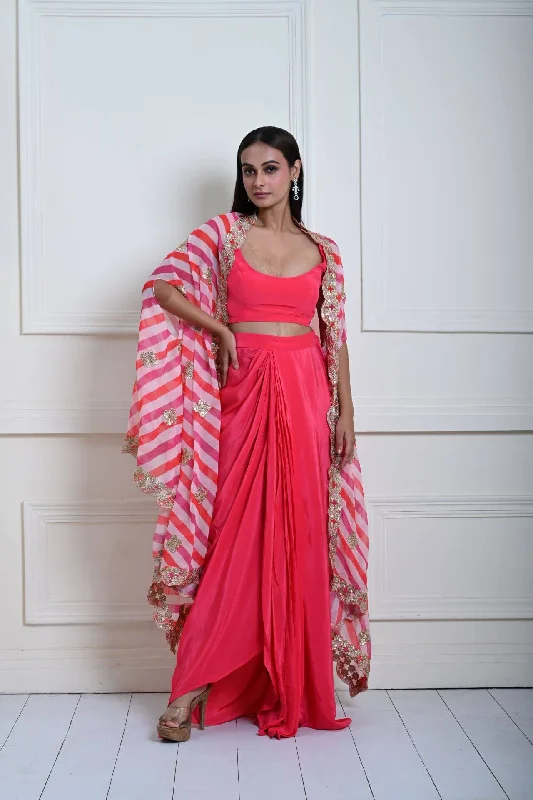 Rani Pink Drape Skirt Complimented with Stylish Embroidered Cape Set lace skirt romantic