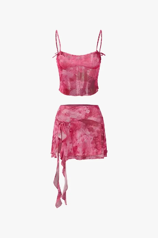 Pink Tie-Dye Crop Top and Ruffle Skirt Two Piece Set spandex blend skirt