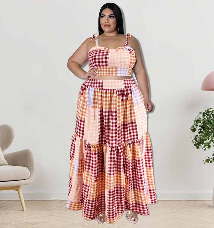 Plus Size Women Clothes Summer Plaid Sling Top Set Large Swing Skirt Sets mini skirt trendy