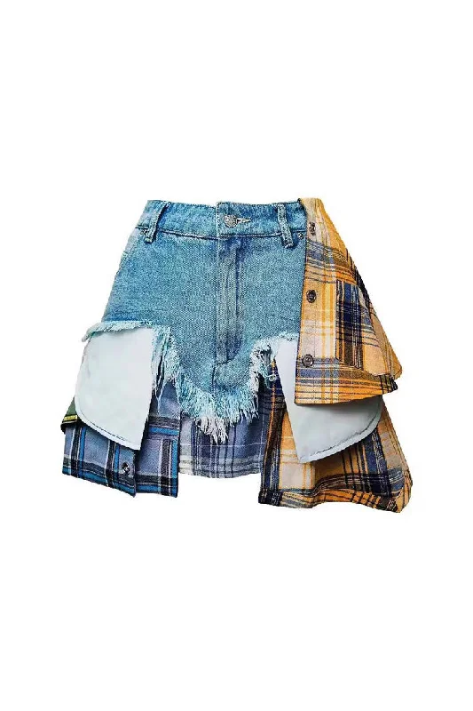 Preppy Plaid Patchwork Layered Panel High Rise Frayed Mini Denim Skirt corduroy skirt comfortable