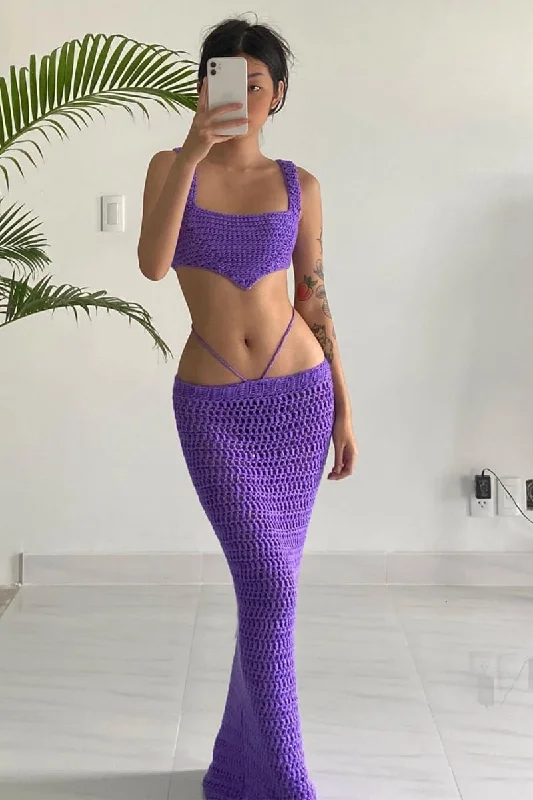 Purple Crochet Long Skirt And Crop Top Set tulle skirt dreamy