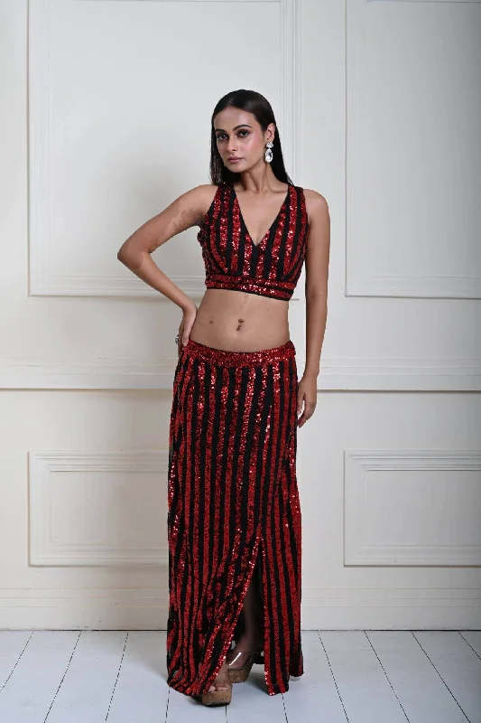 Red and Black Striped Sequin Crop Top Set with Matching Side-Slit Skirt denim skirt trendy