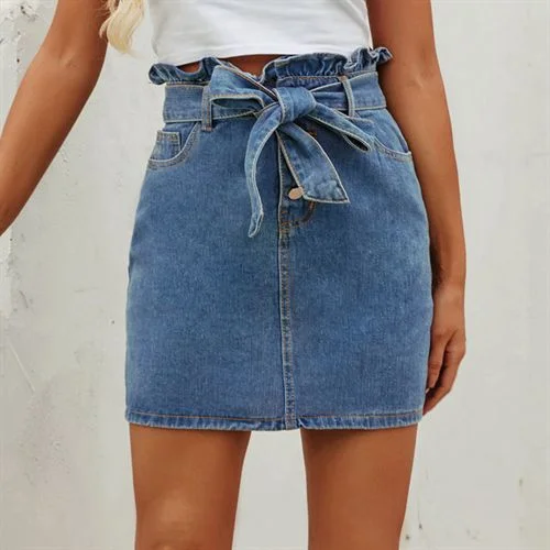 Retro Flounce High Waist Denim Short Washable Cross-tied All-matched Daily Women Skirts denim skirt classic