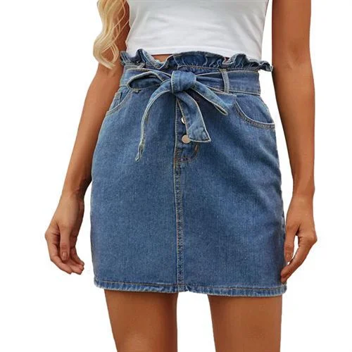 Retro Flounce High Waist Denim Short Washable Cross-tied All-matched Daily Women Skirts tulle skirt dreamy