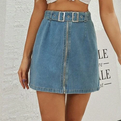 Retro High Waist All-matched Belt Design Short Denim Washable Women Skirts slim fit skirt