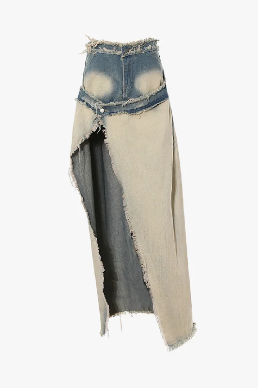 Rugged Double Waist One Button Distressed Trim Faded Denim Maxi Skirt leather skirt sleek