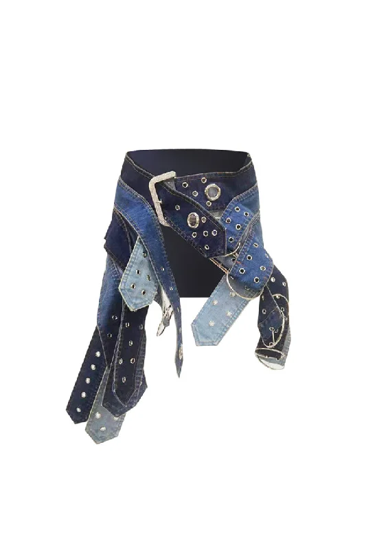 Sexy Crystal Buckle Belt Grommet Layered Waistband Micro Mini Denim Skirt velvet skirt luxurious