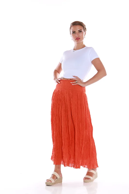 Pure cotton Smocked waist midi skirt- Orange dots flowy skirt hem