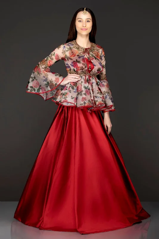 Ivory Colour Organza Floral Peplum With Maroon Silk Skirt With Net Dupatta silk skirt elegant