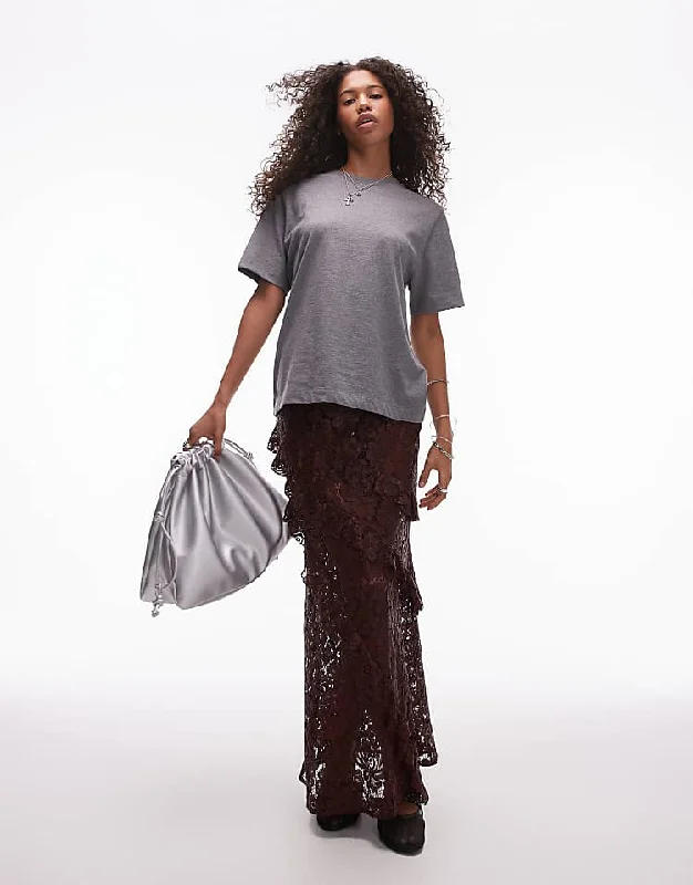 Topshop sheer lace ruffle maxi skirt in burgundy tiered skirt playful