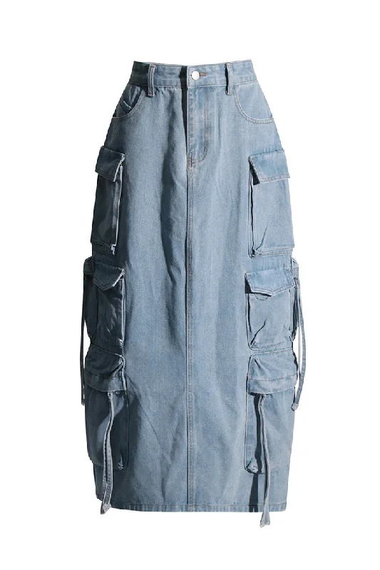 Vintage High Waist Draped Cargo Pocket Split Back Fade Denim Midi Skirt asymmetrical skirt cut