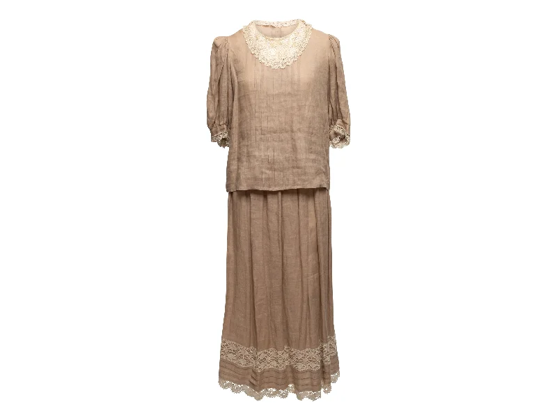 Vintage Tan Oscar de la Renta 1980s Lace-Trimmed Skirt Set Size US M wrap skirt elegant