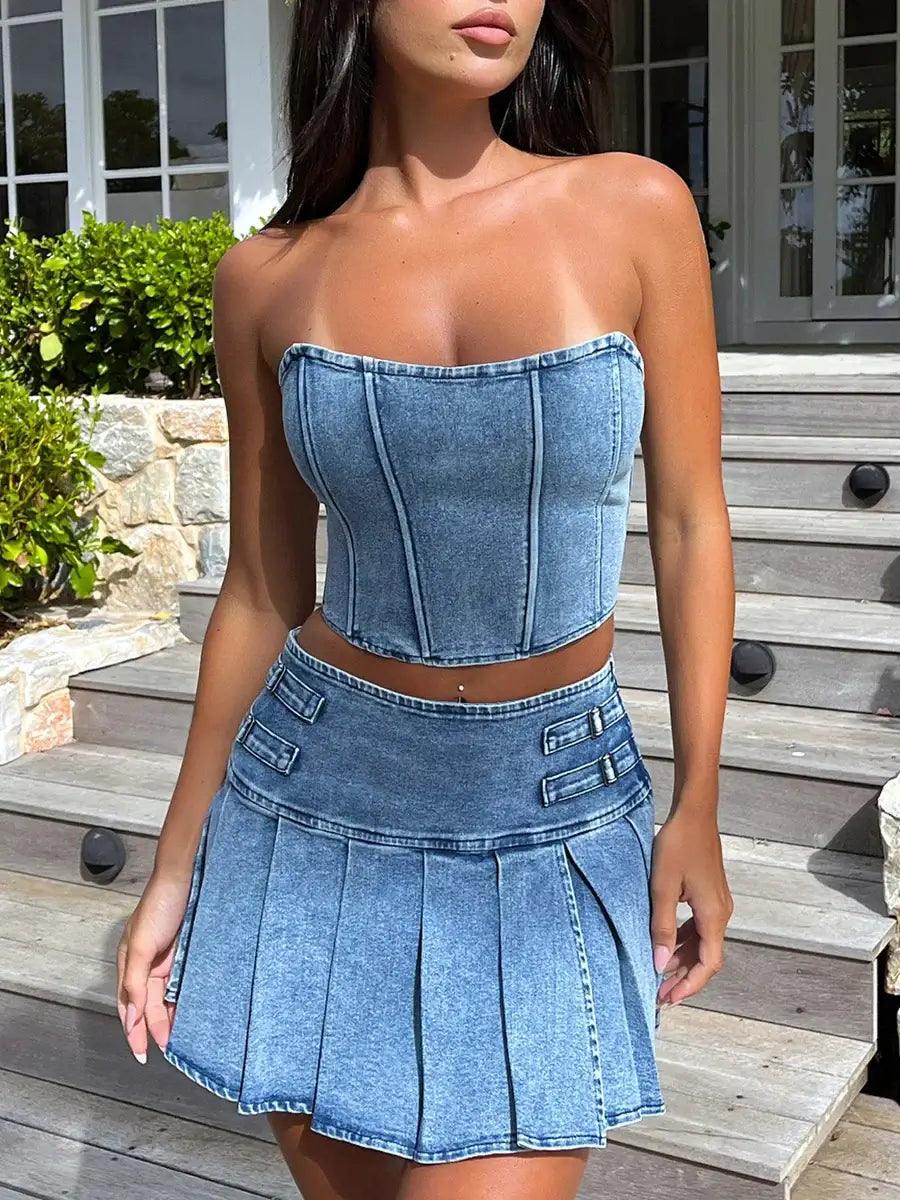 Y2K 2-Piece Denim Mini Skirt & Corset linen skirt natural